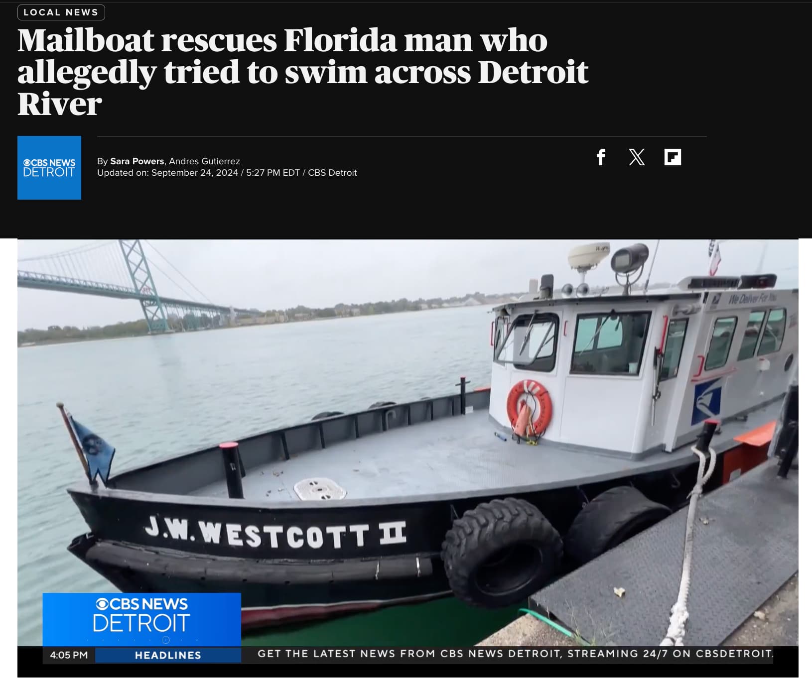 marine protector-class coastal patrol boat - Local News Mailboat rescues Florida man who allegedly tried to swim across Detroit River Ocbs News Detroit By Sara Powers, Andres Gutierrez Updated on Edt Cbs Detroit f X We Deliver For You J.W.Westcott H Ocbs 